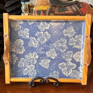 Creations ALPAC Made in ALPAC France Blue Floral Fiberglass &Wooden Serving Tray
